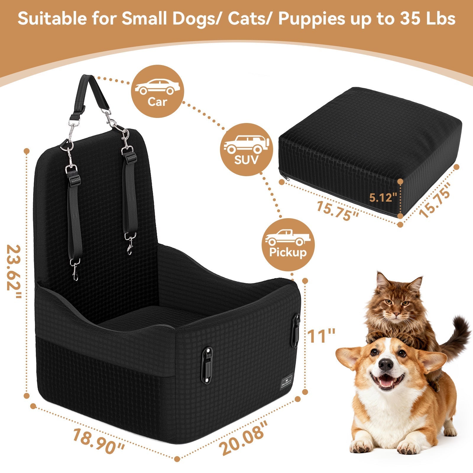 PETSFIT Patented Safety Buckle Memory Foam Dog Booster Car Seat for Medium Dogs