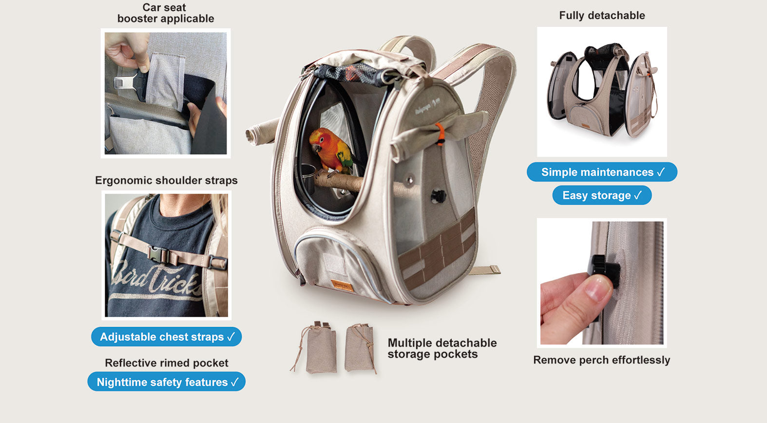 Ibiyaya BirdTricks TrackPack for Birds, Patented Bird Carrier Backpack with Perch, Airline Approved