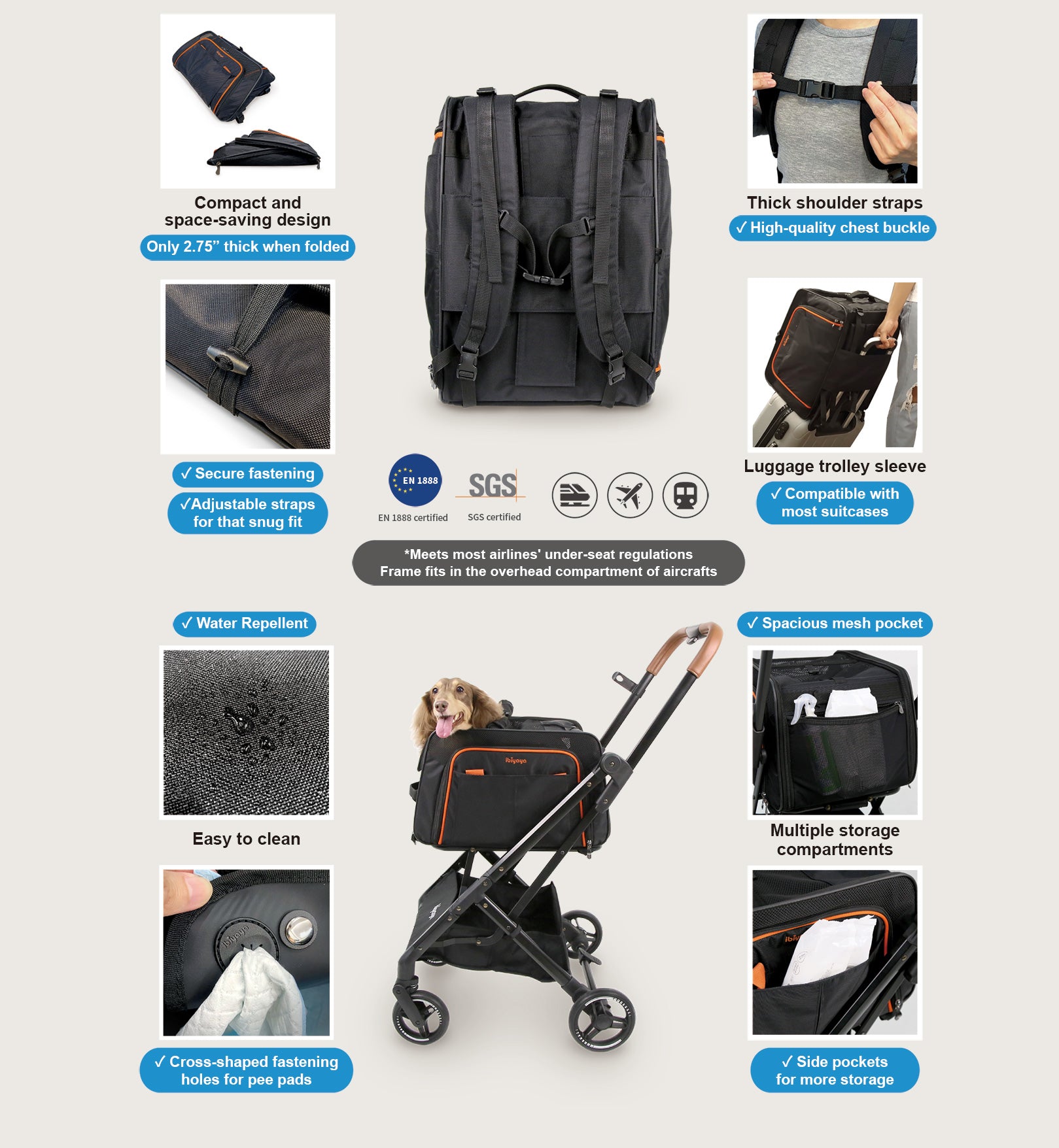 Ibiyaya JetPaw: 3-in-One Pet Stroller with Removable Airline-Approved Carrier Expandable Rolling Pet Carrier-Backpack for Dogs & Cats