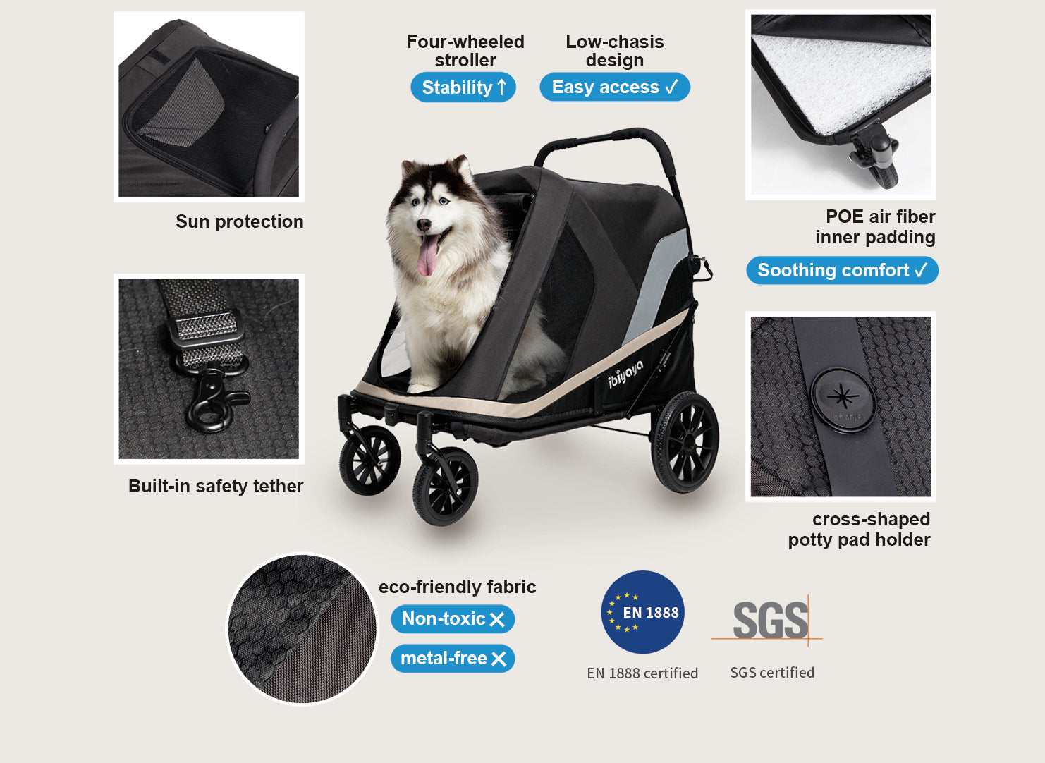 Ibiyaya Grand Cruiser Large Dog Stroller, 4-Wheel Foldable Big Dog Pram for Large Breeds, Senior & Injured Pets