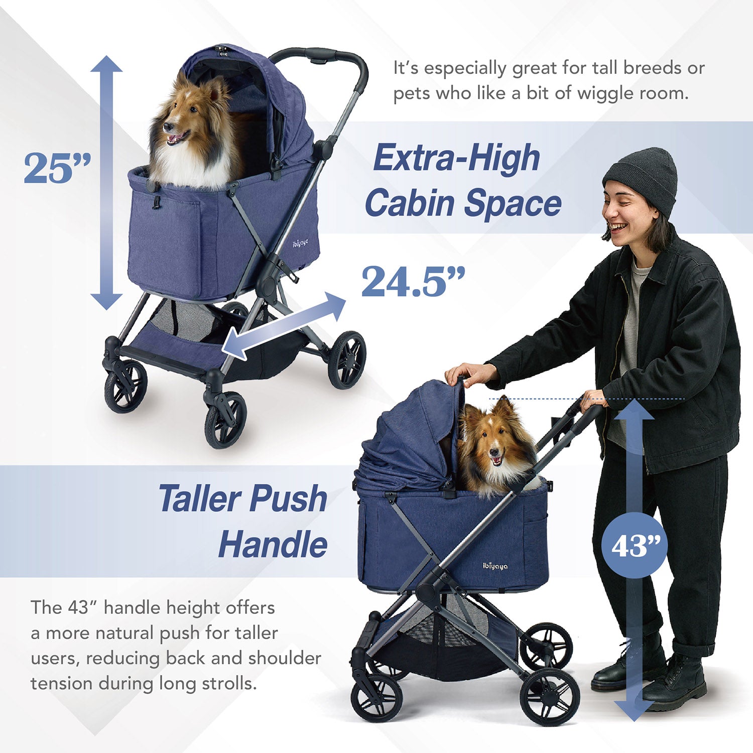 Ibiyaya Maxi Deep Carriage Pet Stroller with Puncture-Free Rubber Wheels, Lightweight and Collapsible