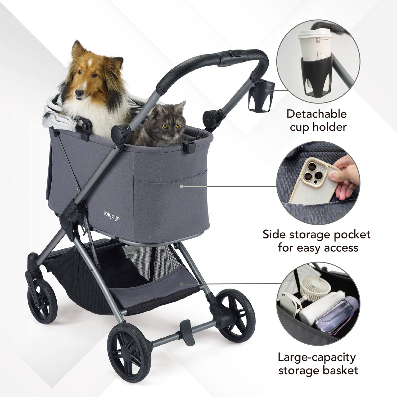 Ibiyaya Maxi Deep Carriage Pet Stroller with Puncture-Free Rubber Wheels, Lightweight and Collapsible