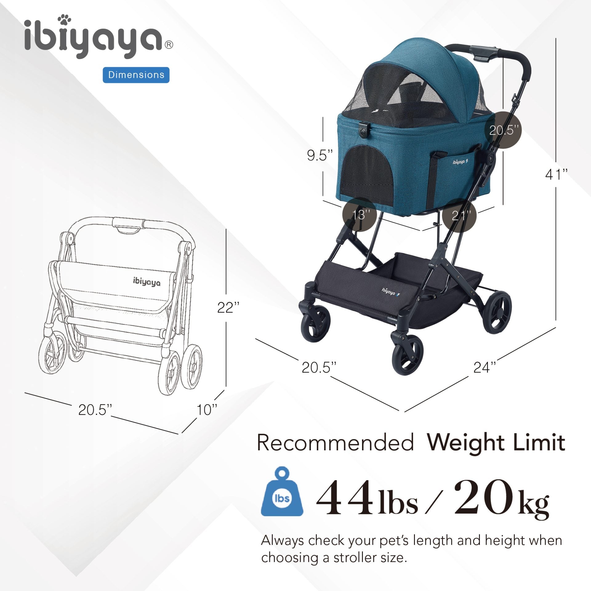 ibiyaya® Essential – Travois Tri-fold Pet Travel System XL, Pet Stroller with Detachable Carrier