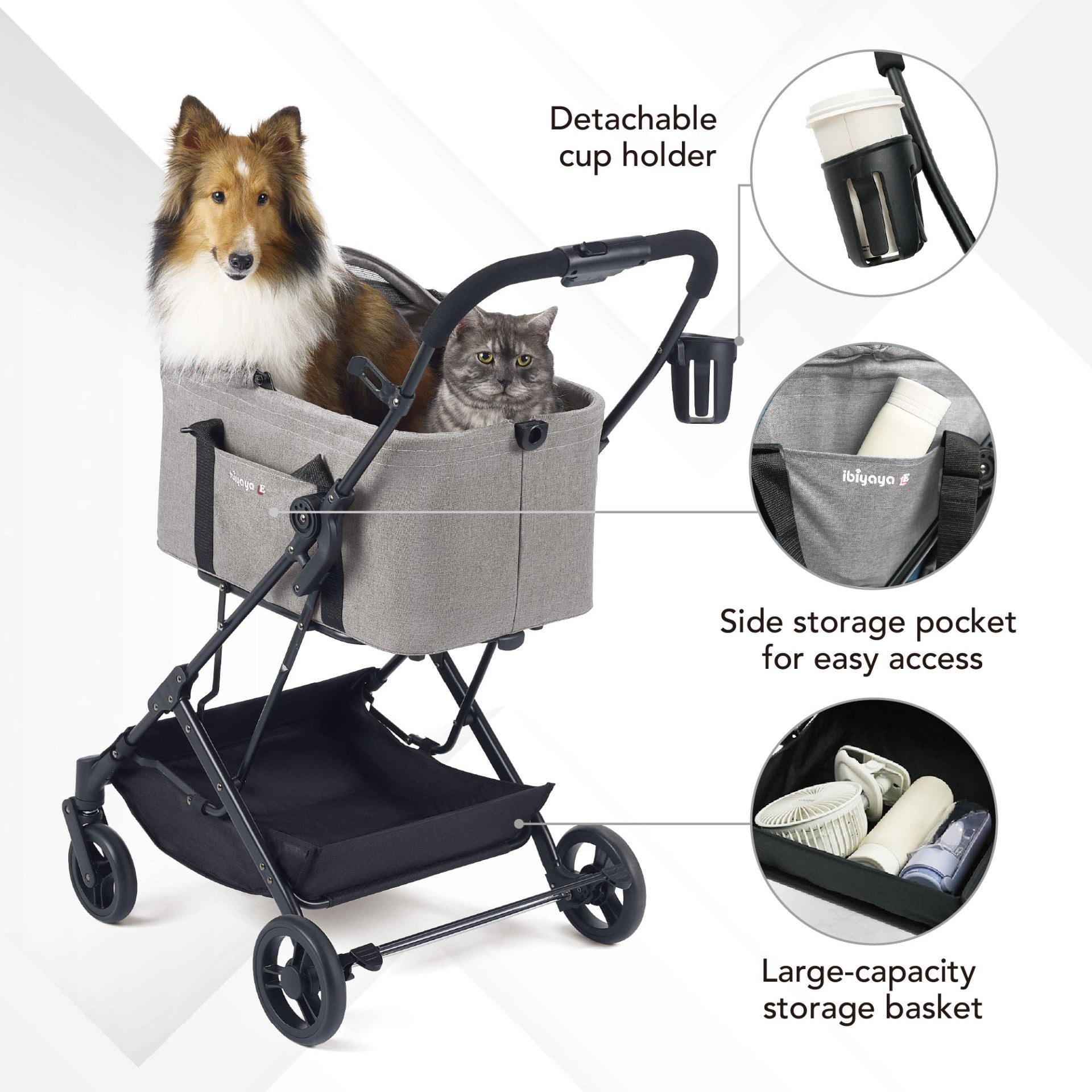 ibiyaya® Essential – Travois Tri-fold Pet Travel System XL, Pet Stroller with Detachable Carrier
