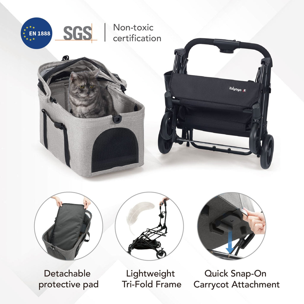 ibiyaya® Essential – Travois Tri-fold Pet Travel System XL, Pet Stroller with Detachable Carrier