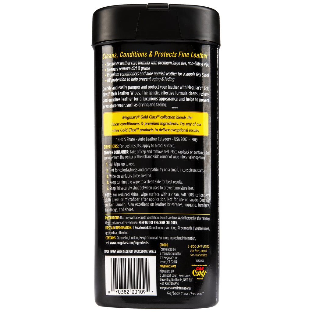 Meguiar's Gold Class Rich Leather Cleaner/Conditioner Wipes, G10900 - 25 Wipes