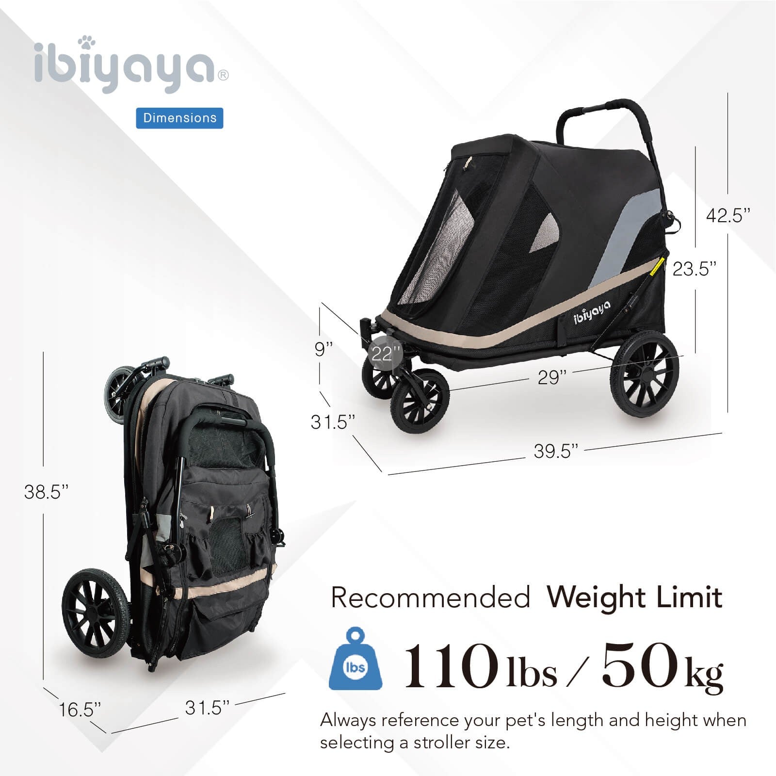 Ibiyaya Grand Cruiser Large Dog Stroller, 4-Wheel Foldable Big Dog Pram for Large Breeds, Senior & Injured Pets