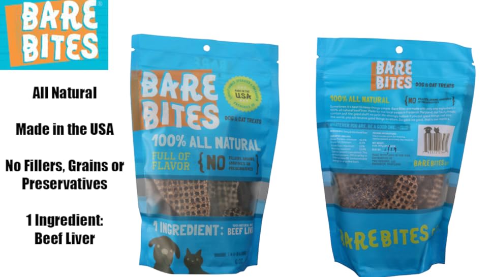 Bare Bites 100% All Natural Dehydrated Beef Liver Dog and Cat Treats, 1LB - Made in USA