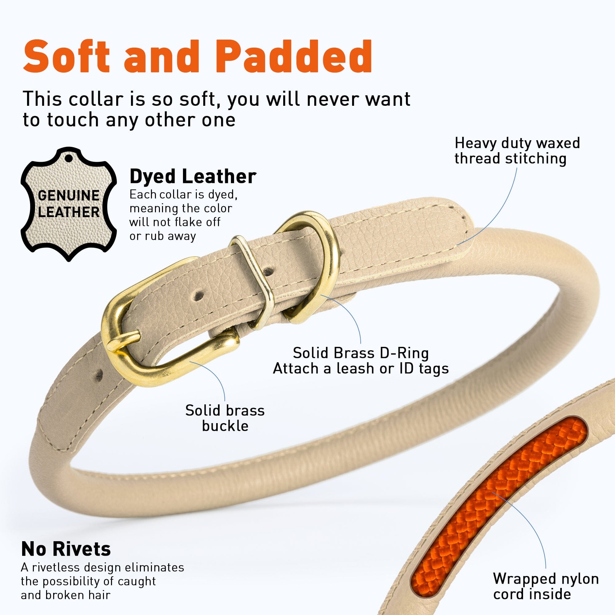 Soft Rolled Leather Dog Collar with Brass Hardware