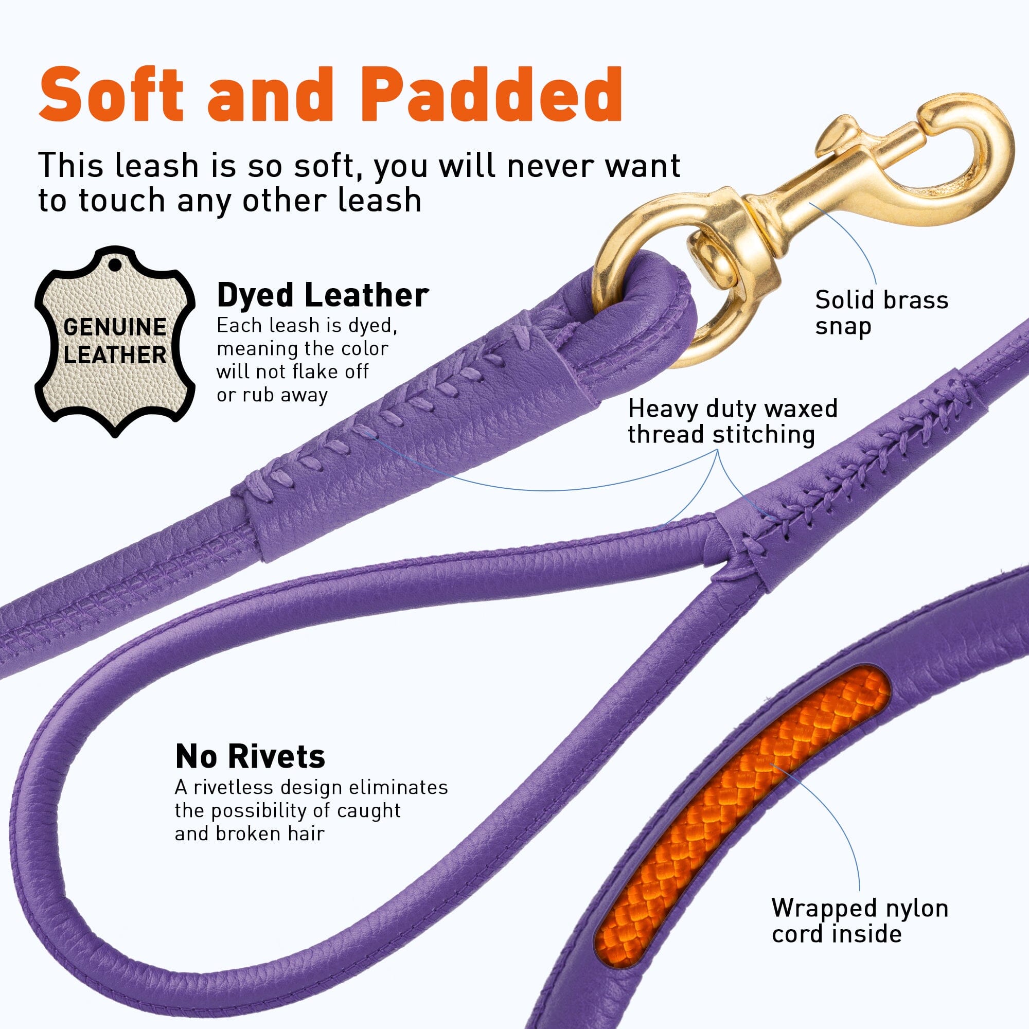 Rolled Leather Dog Leash with Brass Snap Hook