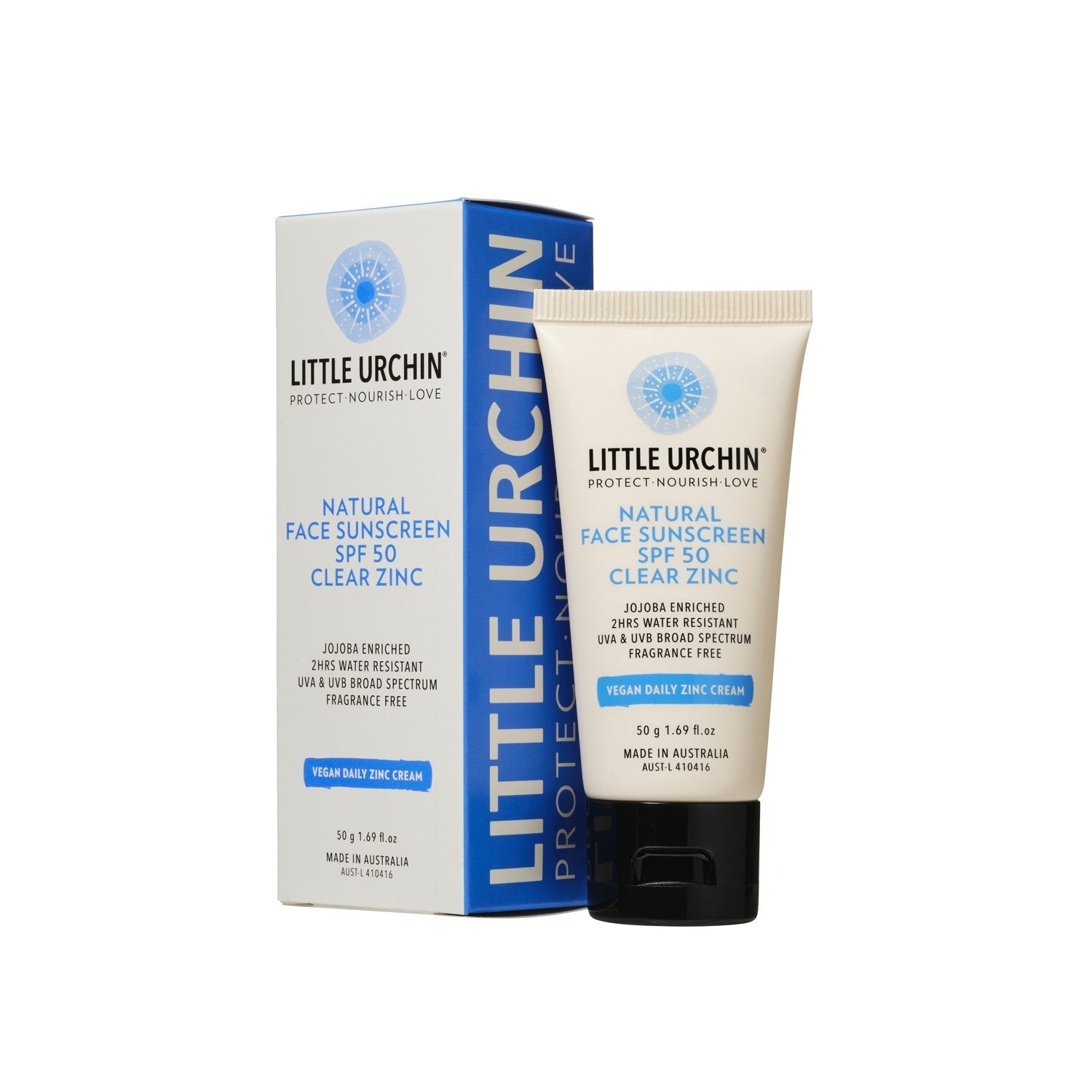Little Urchin Natural Face Sunscreen, Clear Zinc, SPF 50+ 50g