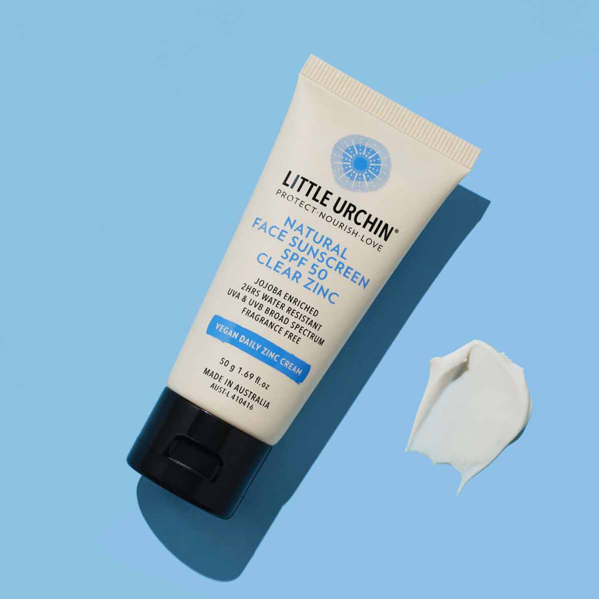 Little Urchin Natural Face Sunscreen, Clear Zinc, SPF 50+ 50g