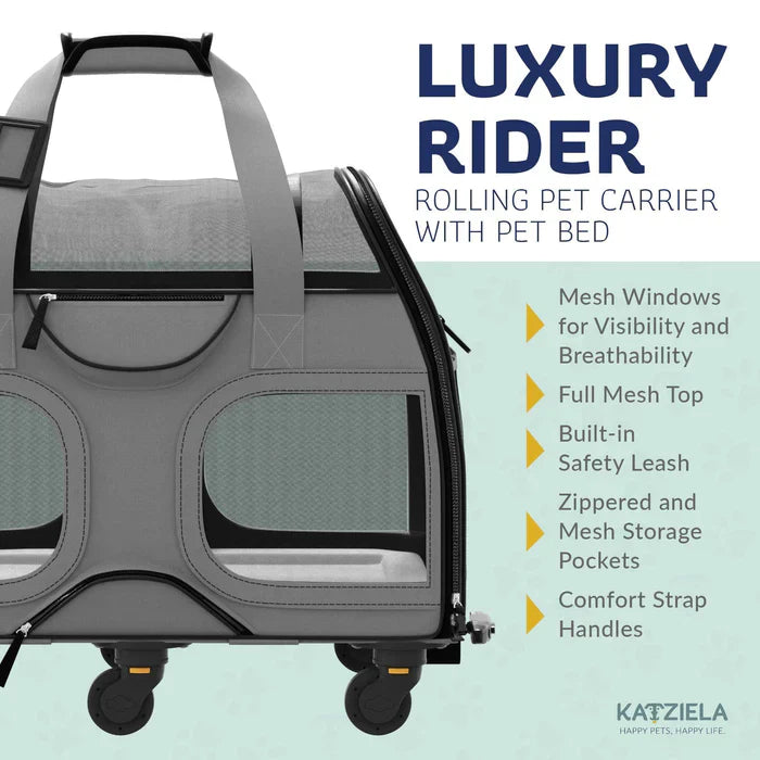 Katziela Luxury Rider Pro Pet Carrier with Removable Wheels and Telescopic Handle