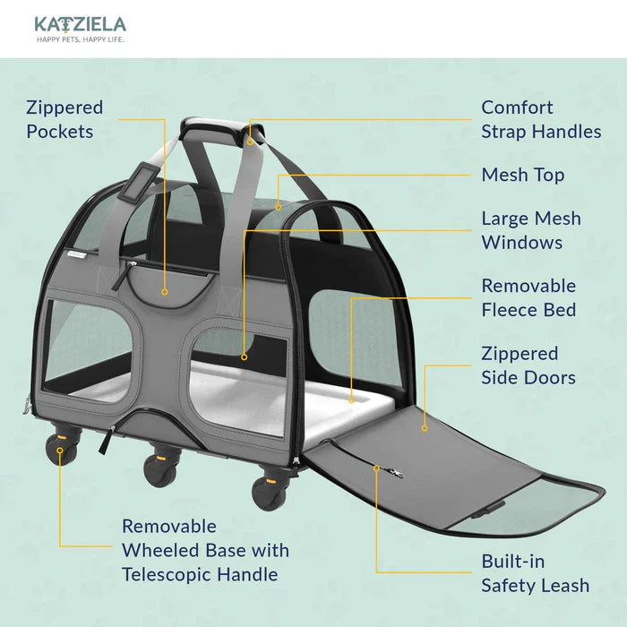 Katziela Luxury Rider Pro Pet Carrier with Removable Wheels and Telescopic Handle