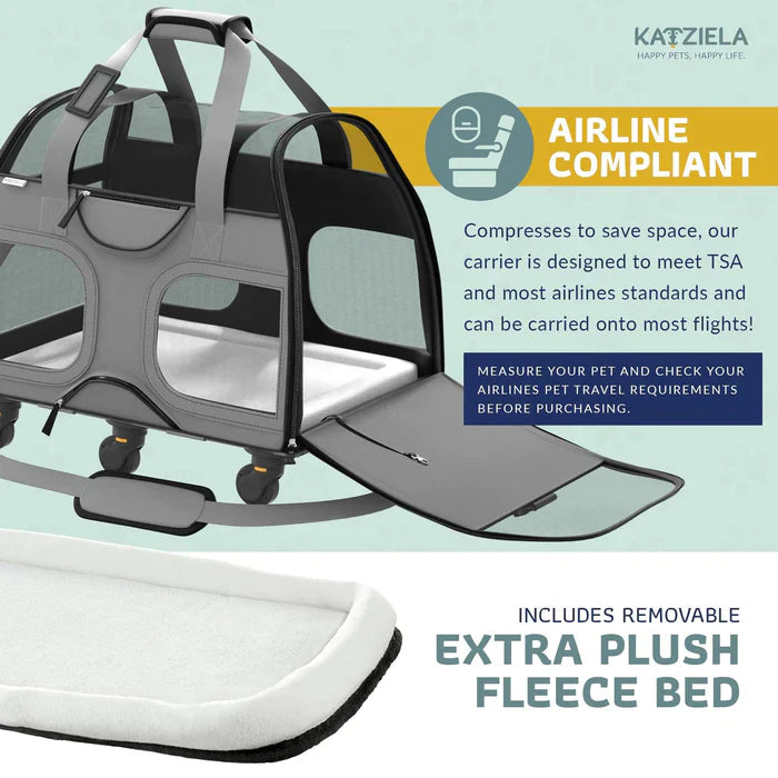 Katziela Luxury Rider Pro Pet Carrier with Removable Wheels and Telescopic Handle