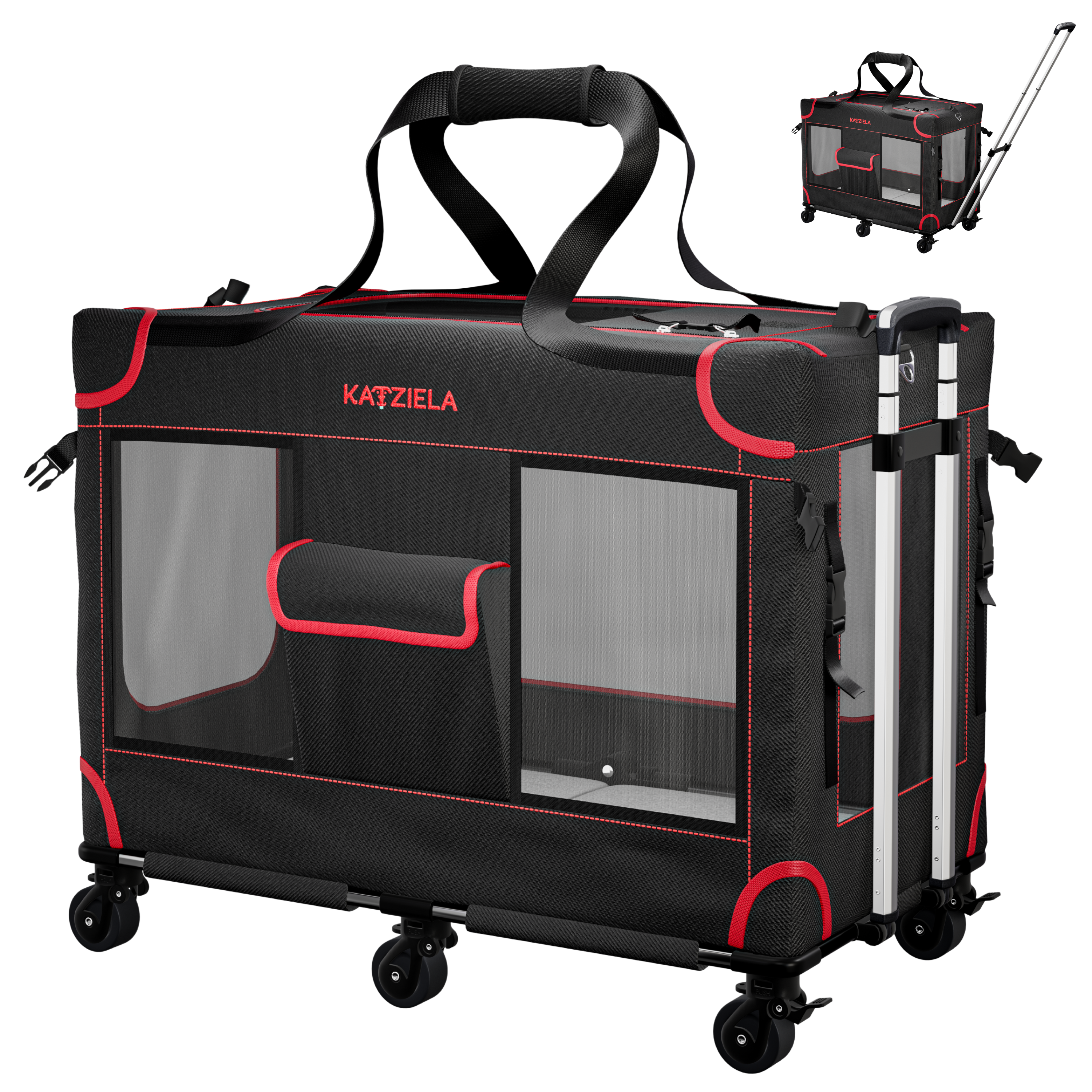 Katziela Mega Cruze Rolling Pet Carrier – Stress - Free Travel for Medium & Large Dogs 25”x17”x20”