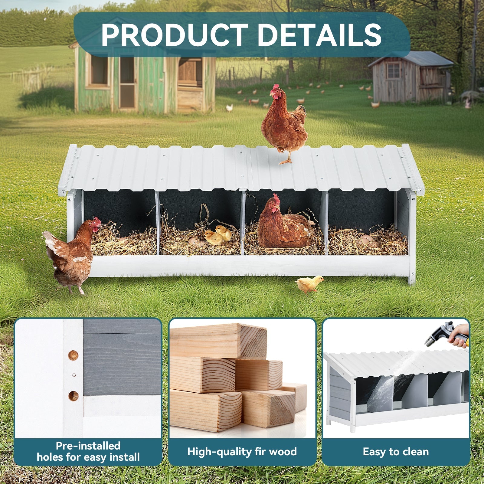 PETSFIT 4-Hole Hen Nesting Box for Coops and Farms with PVC Roof