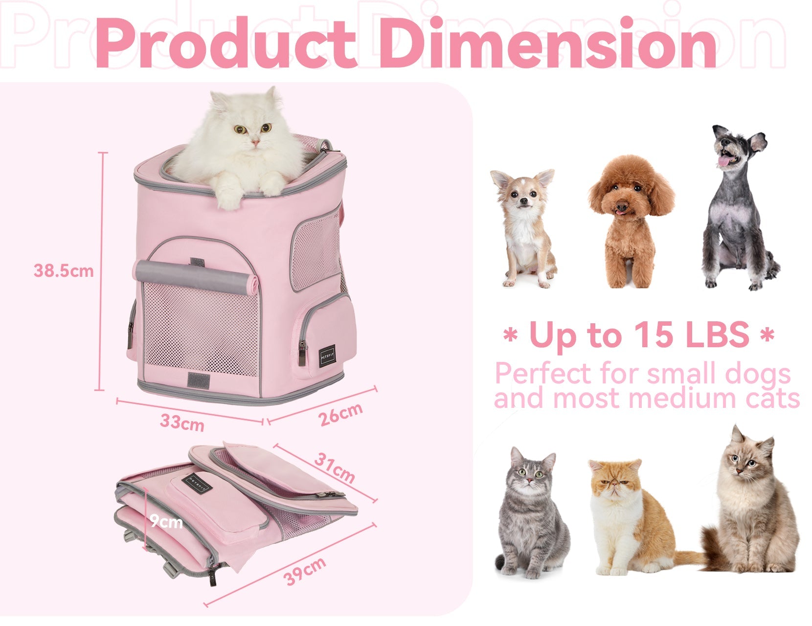 PETSFIT Pet Carrier Backpack with Fully Ventilated Collapsible | Pink