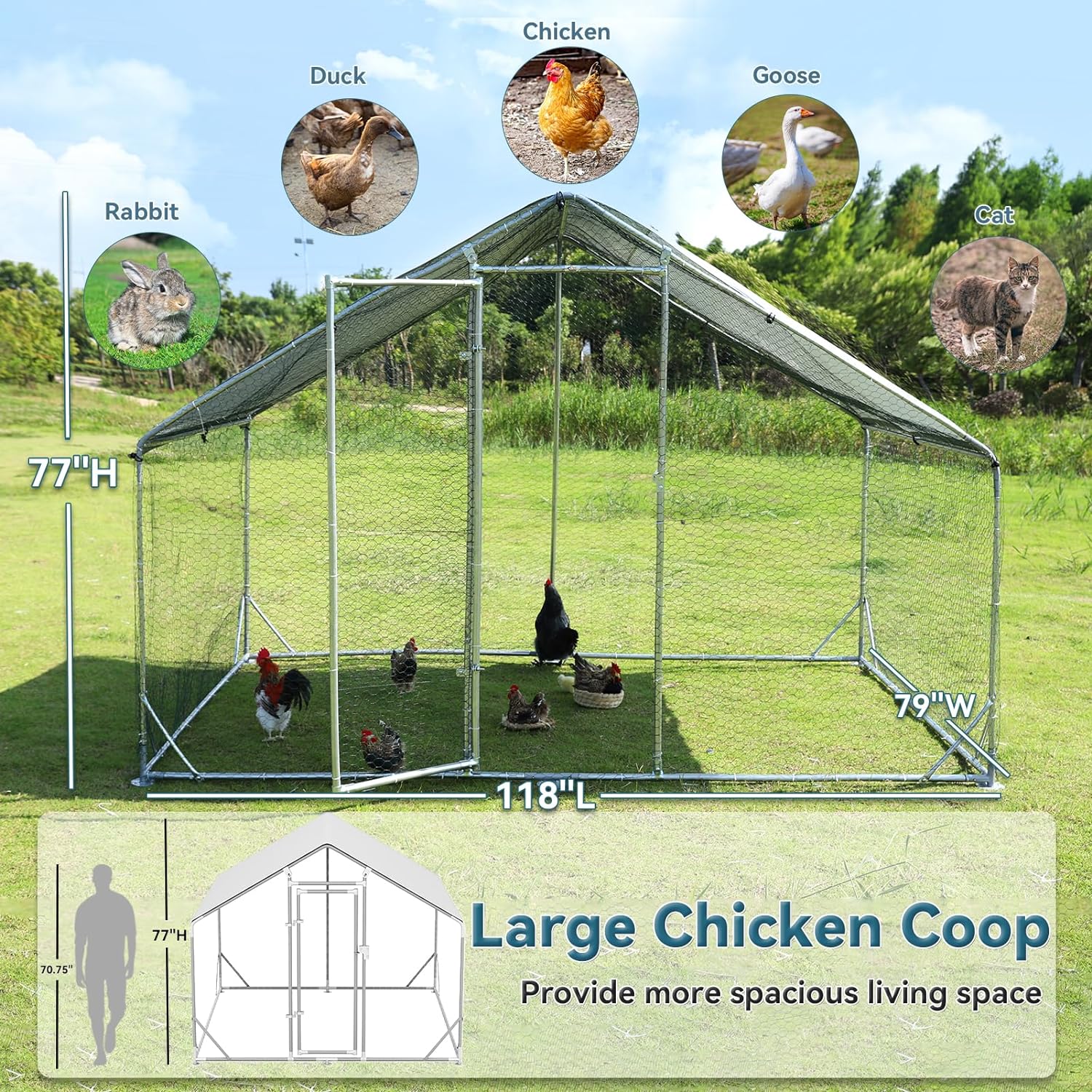PETSFIT Large Metal Chicken Coop Walk-In with Anti-Rust Durable Steel  Hen House