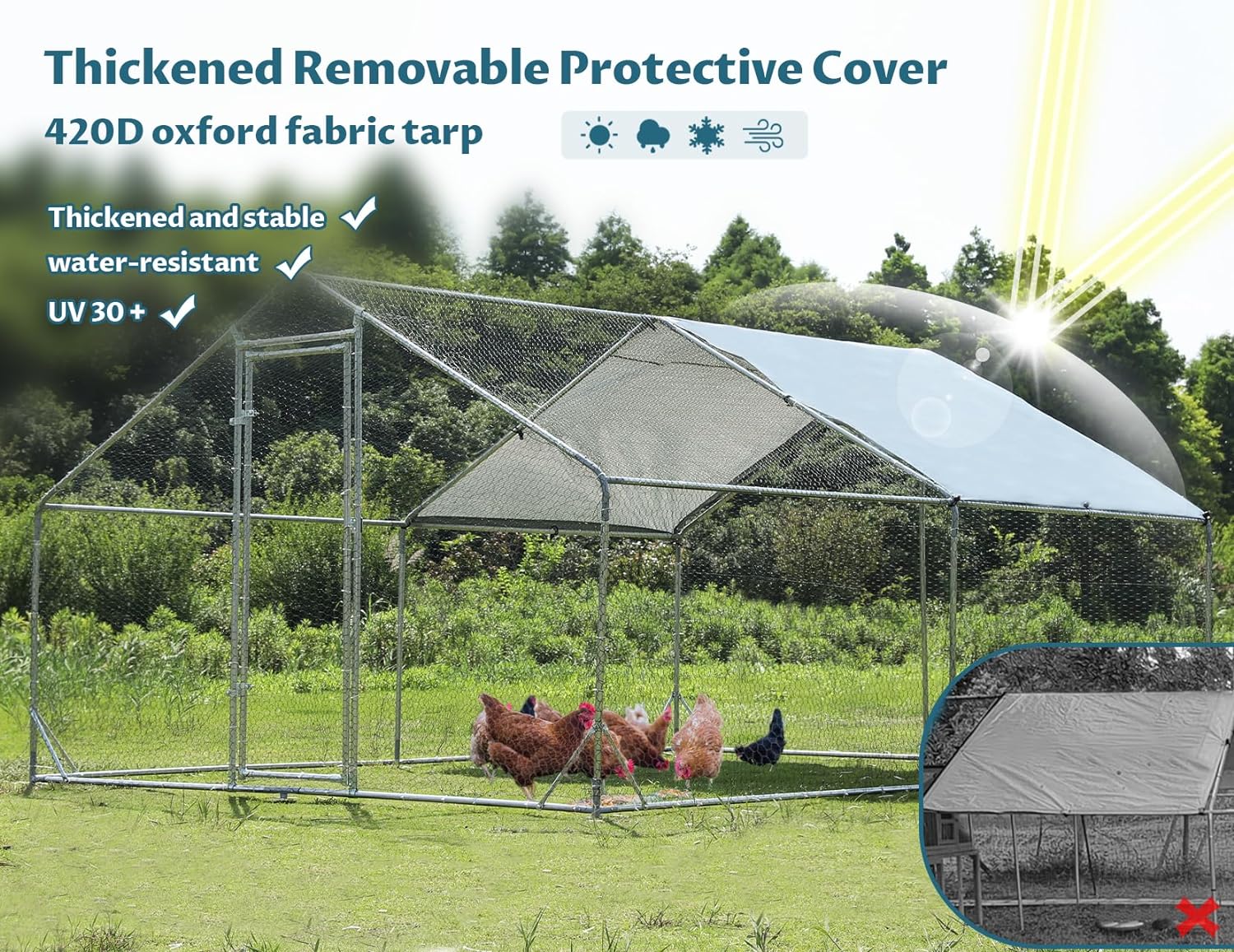 PETSFIT Metal Chicken Coop with Anti-Rust Durable Steel & 420D Anti-Ultraviolet Waterproof Cover