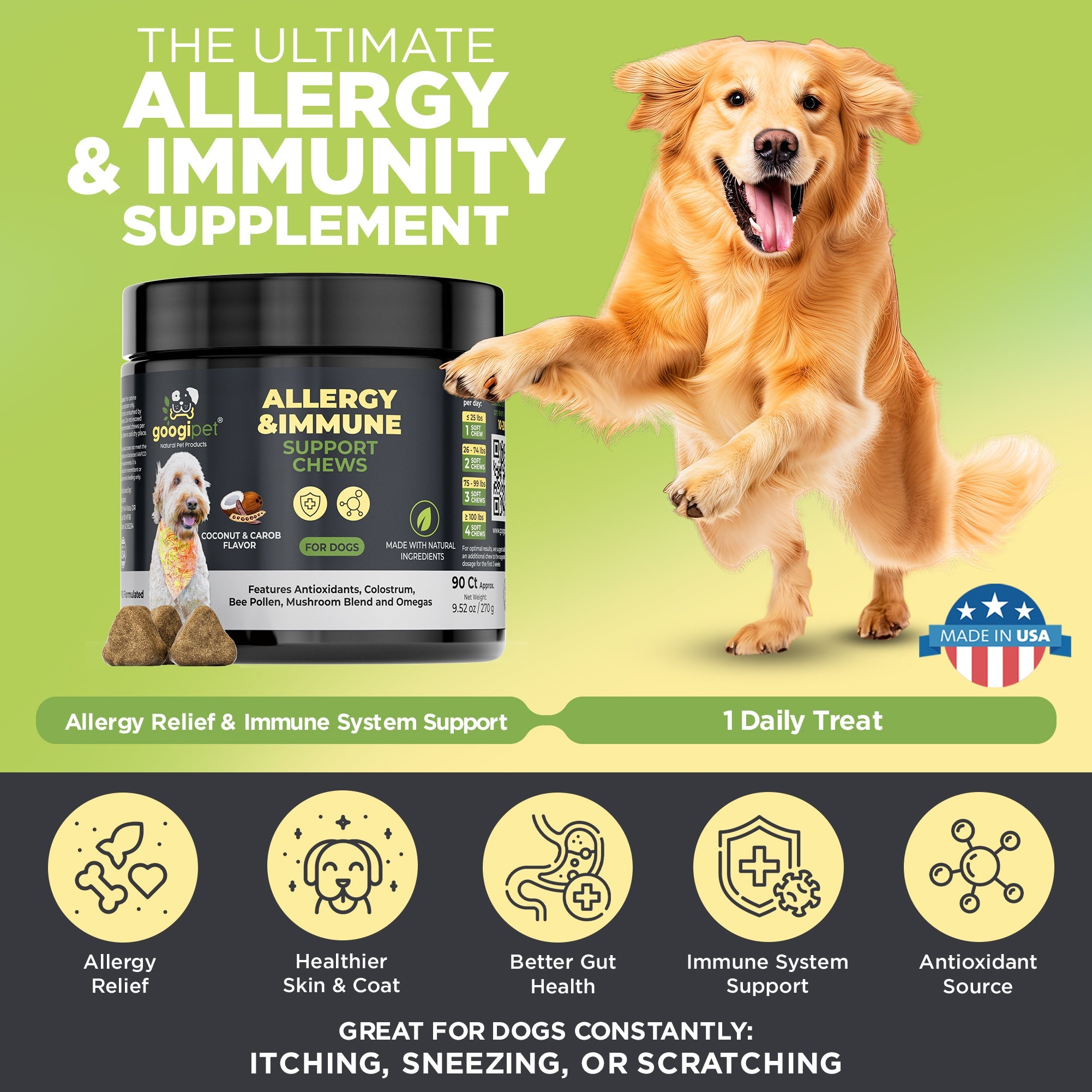 Googipet Allergy & Immune Support Chews for Dogs (Coconut & Carob Flavor)