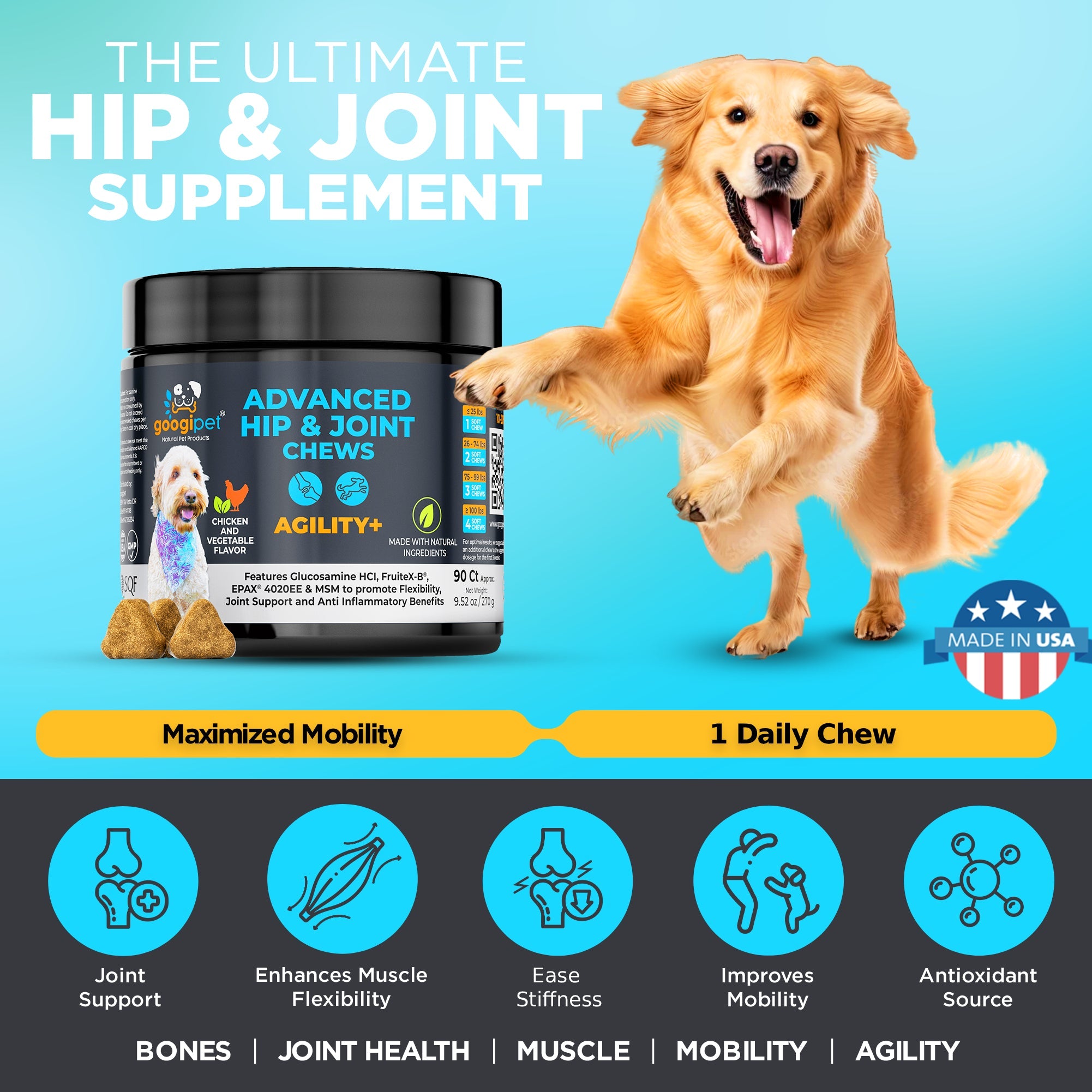 Googipet Agility+ Advanced Hip and Joint Chews for Dogs