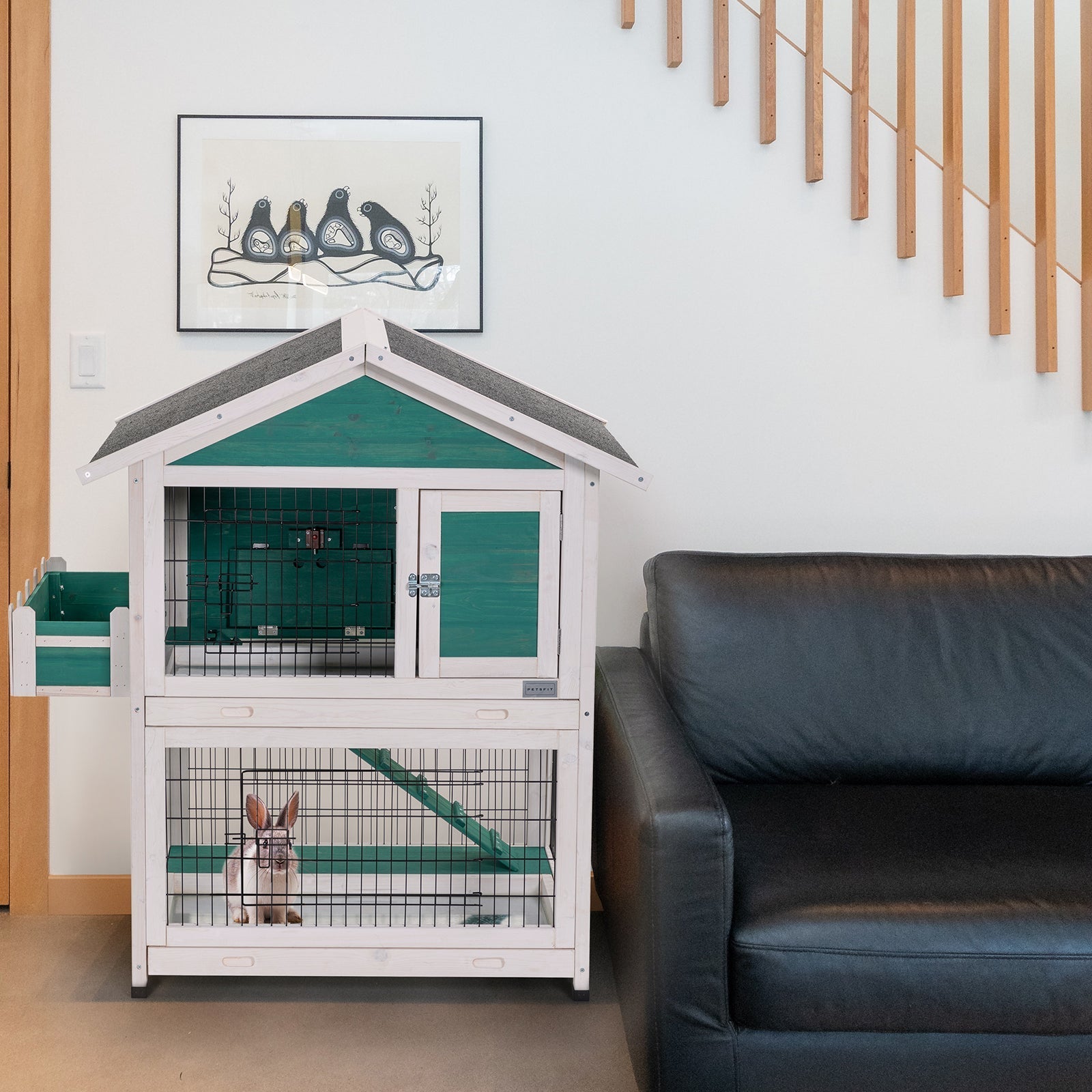 Petsfit 2 Story Rabbit Hutch with Trays Outdoor Weatherproof, Bunny Cage with Openable Roof