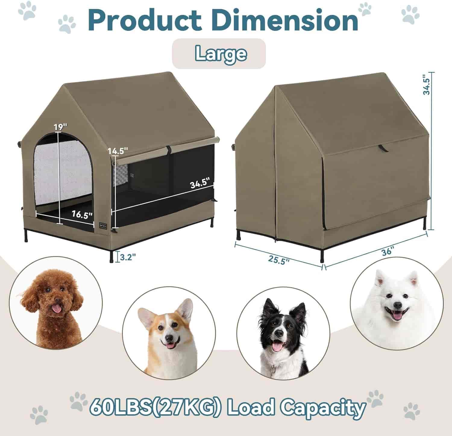 PETSFIT Modern Dog House 36 Inch Portable Large Dog House Featuring Elevated Dog Bed