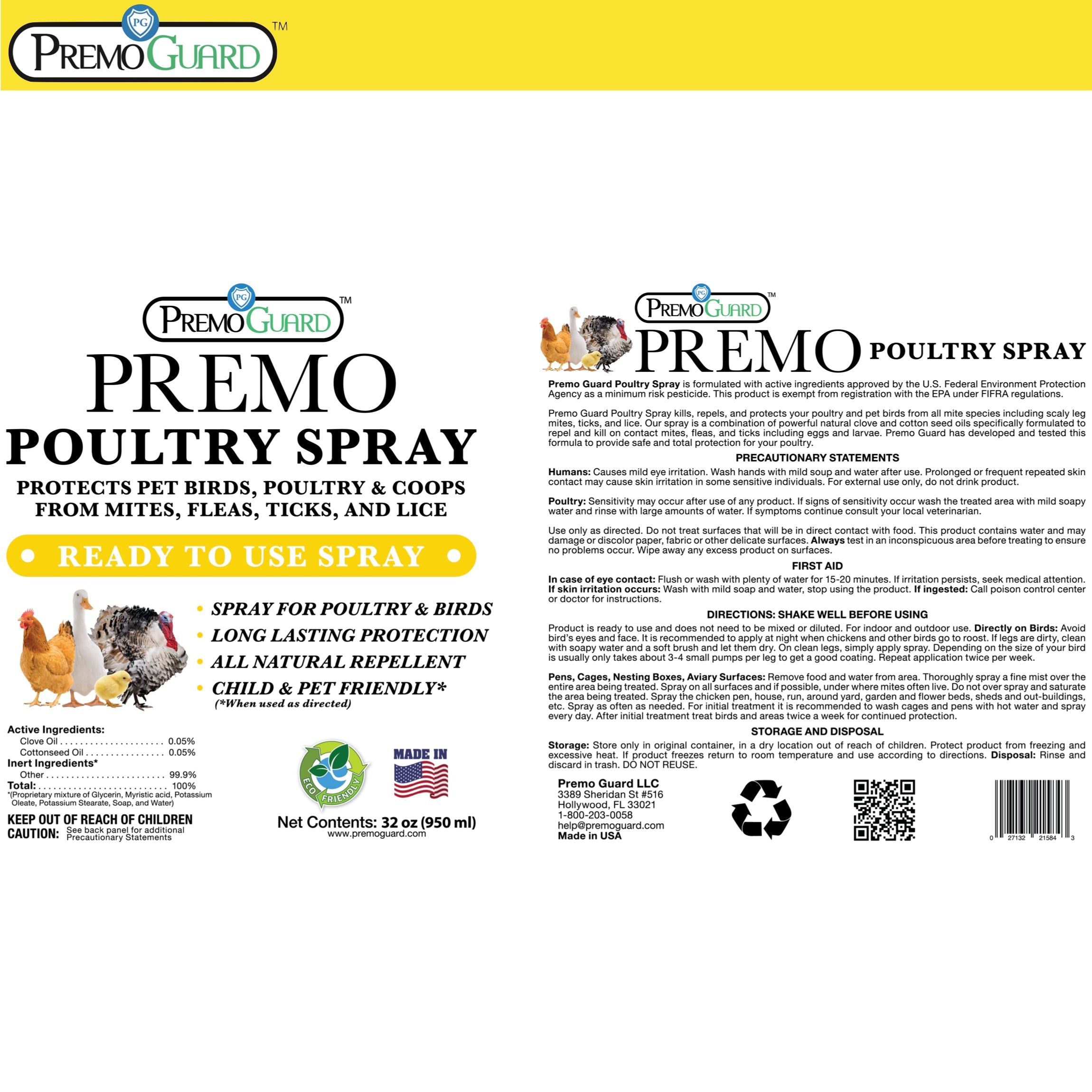 Poultry Spray - Plant Based All Natural Non-Toxic - By Premo Guard