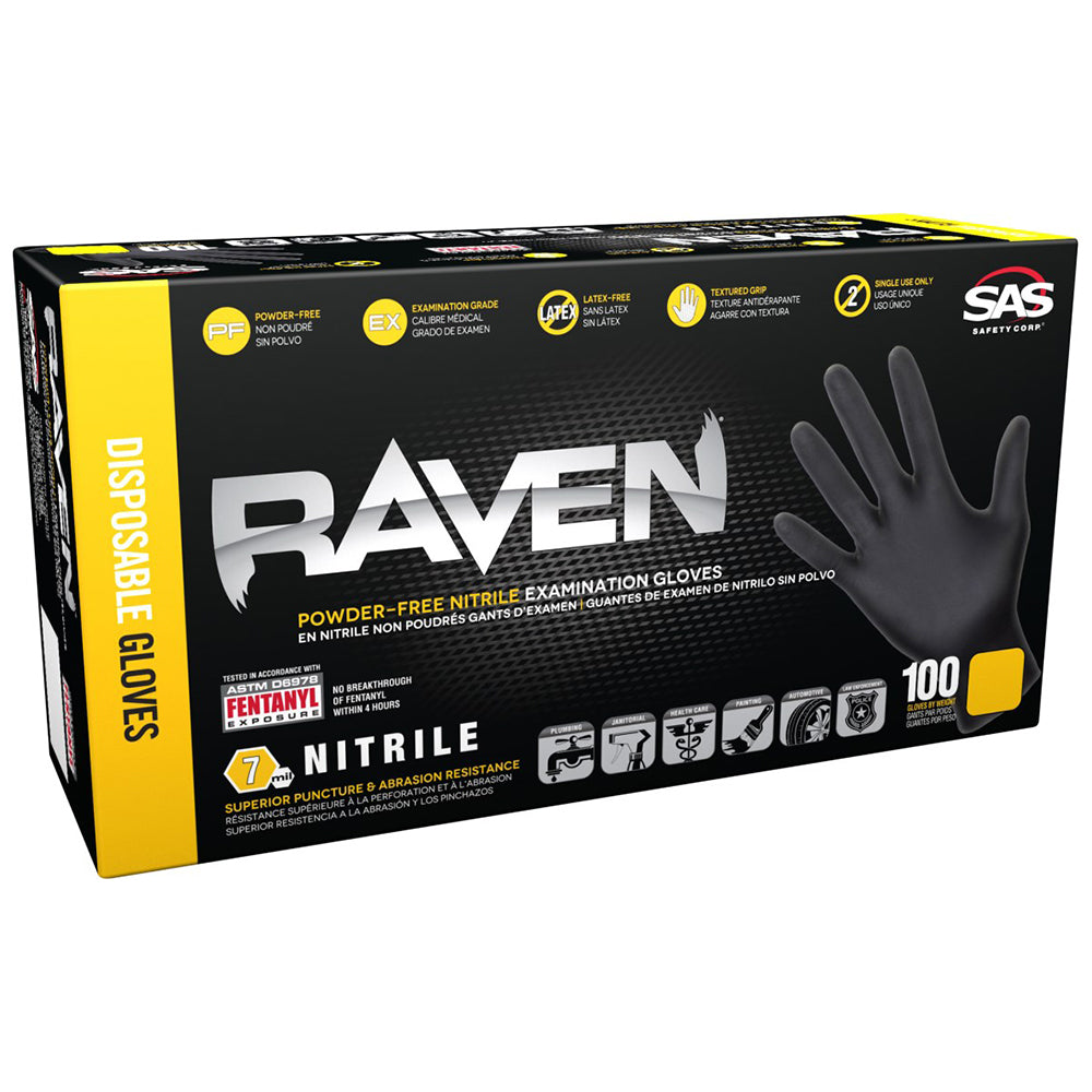 SAS Raven Powder Free Nitrile Gloves, 7 Mil, Black - Large (box of 100)