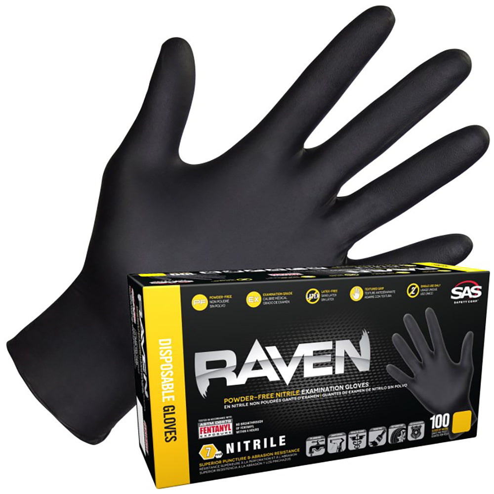 SAS Raven Powder Free Nitrile Gloves, 7 Mil, Black - Medium (box of 100)