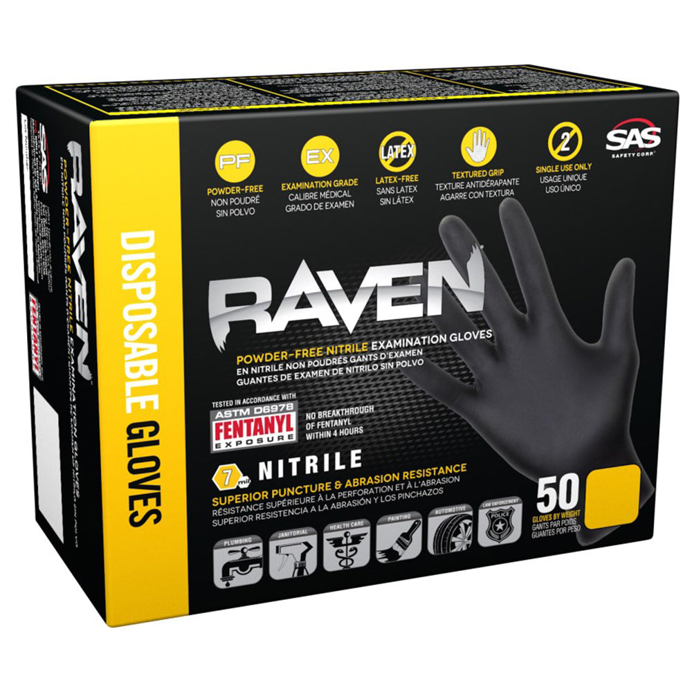 SAS Raven Powder Free Nitrile Gloves, 7 Mil, Black - X-Large (box of 50)