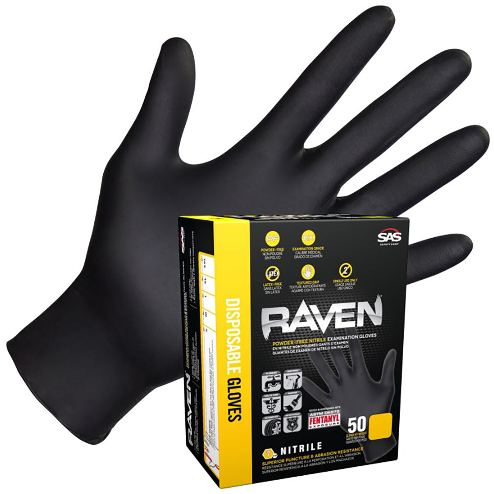 SAS Raven Powder Free Nitrile Gloves, 7 Mil, Black - X-Large (box of 50)