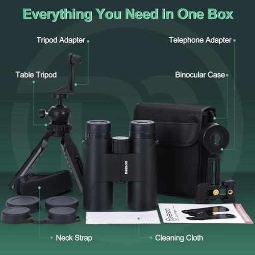 12x42 HD Binoculars for Adults High Powered - Deesoo Binoculars for Bird Watching with Large Field of View - High Magnification Binoculars with Phone Adapter, Plastic Tripod for Hiking Hunting