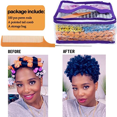100pcs Perm Rods Set for Natural Hair Plastic Cold Wave Rods Hair Rollers Hair Curling Rods for Long Short Hair Perms Rods for Women Hair DIY Hairdressing Tools（Orange+Purple+Gray+Blue+Yellow）