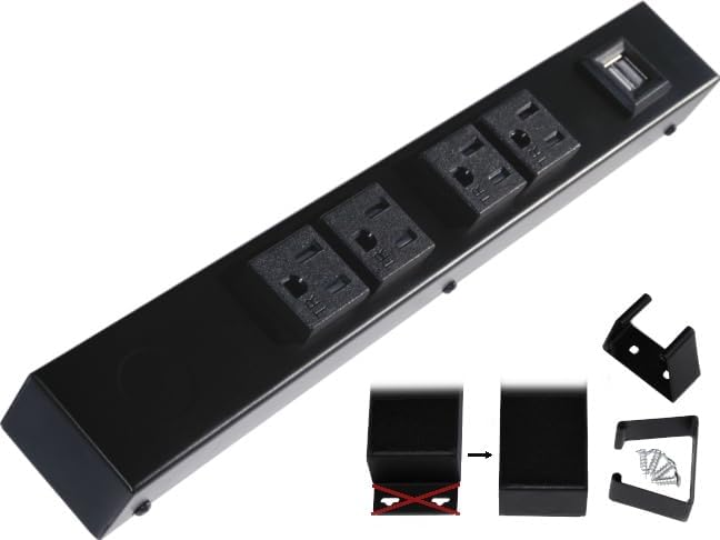 12" Hardwired Power Strip (NO Power Cord), 4 Tamper Resistant Outlets (NEMA 5-15R - NOT 20Amp), NO Ears (Without mounting tabs on Both Ends), USB, Black