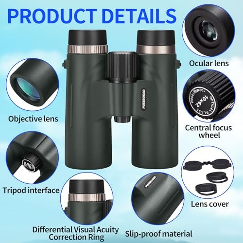 10x42 HD Binoculars - BaK-4 Prisms, Large Viewing Angle Binoculars, Clearly Visible in Low Illumination, Outdoor Essentials for Professional Bird Watching Hiking Hunting, greener