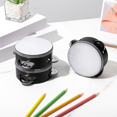 12 Pcs Wedding Tambourine Drum for Adults Hand Held Percussion Gift Wood Metal Jingles Musical Educational Drum Instrument for Church Wedding Party Games(Black,4 Inch)