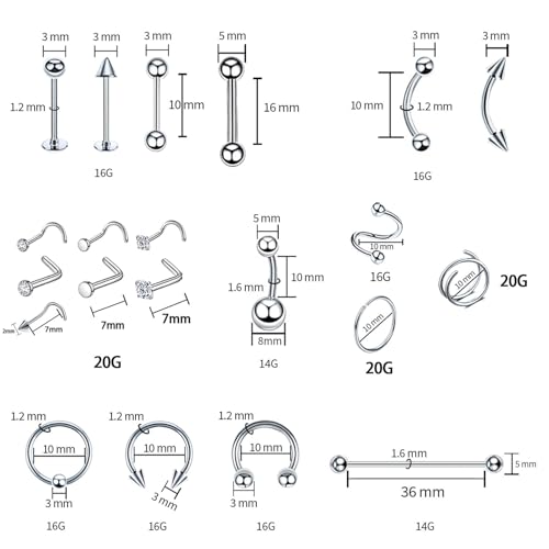 130 PCS Piercing Kit with Piercing Tools for Nose Septum Ear Lip Belly Button Tongue Tragus Cartilage for All Body Piercing with 20 PCS 14G 16G Piercing Needle