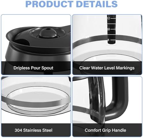 12-Cup Coffee Pot Replacement Carafe Compatible with Ninja Coffee Brewer Maker Models CE251 CE201 CE201C CE200 CE200C Model# XGLSLID200