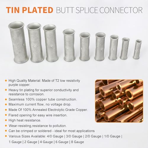 12-10 Gauge Butt Splice Connector 36 PCS 12-10 AWG Non-Insulated Butt Connectors Uninsulated Crimp Wire Butt Connectors Tinned Copper Marine Grade Crimp Butt Terminals + 36 PCS 3:1 Heat Shrink Tube