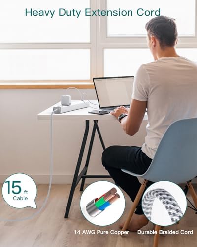 15FT Power Strip Surge Protector, Extension Cord with Multiple Outlets, 6 AC Outlet 4 USB (2 USB C), Flat Plug, Wall Mount, Multi Plug Outlet Extender for Home Office Dorm Room Essentials