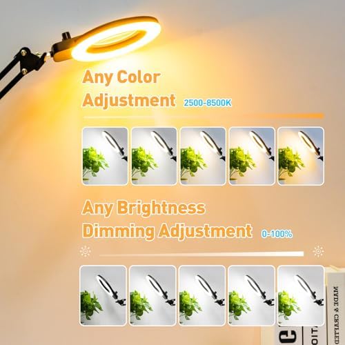 12X Magnifying Glass with Light and Stand, Infinite Color Modes & Stepless Brightness LED Magnifying Lamp with Clamp, 2-in-1 Hands Free Lighted Magnifier for Craft Reading Painting Hobby Close Work