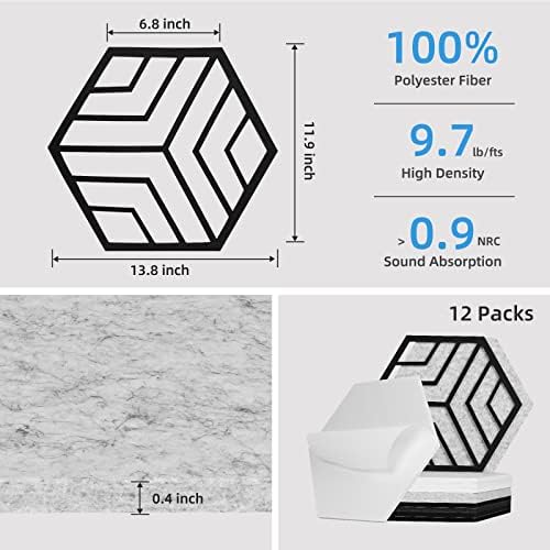 12 Pack Self-adhesive Acoustic Panels, Hexagon Sound Proof Panels, 14 X 12 X 0.4 In Sound Absorbing Panels, Flame Resistant, High-Density Sound Dampening Panels for Recording Studio Home, Offices…