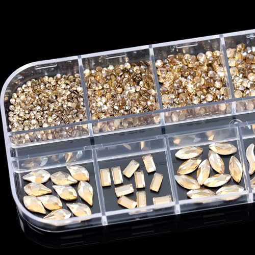 1070 Pieces Champagne Gold Nail Rhinestones for Nails Gold Stones for Nails Crystals 3D Nail Diamonds Art Decoration Crafts DIY (Champagne Gold)