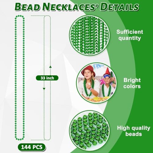 144PCS St Patricks Day Necklace, St. Patrick's Day Bead Accessories Bulk, Irish Saint Patrick Day Beads Necklaces, Parade Throw Accessories for Mardi Gras St. Patricks Christmas Decorations