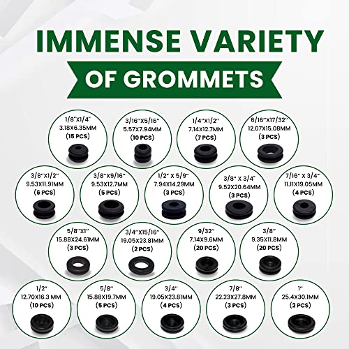 125 Pcs Rubber Grommets for Wiring—18 Different Sizes— Includes Automotive Grommet Rubber & Wire Rubber Grommet Kit (1/4” 9/32” 5/16” 3/8” 1/2” 17/32” 5/9” 9/16” 5/8” 3/4” 7/8” 15/16” 1”)