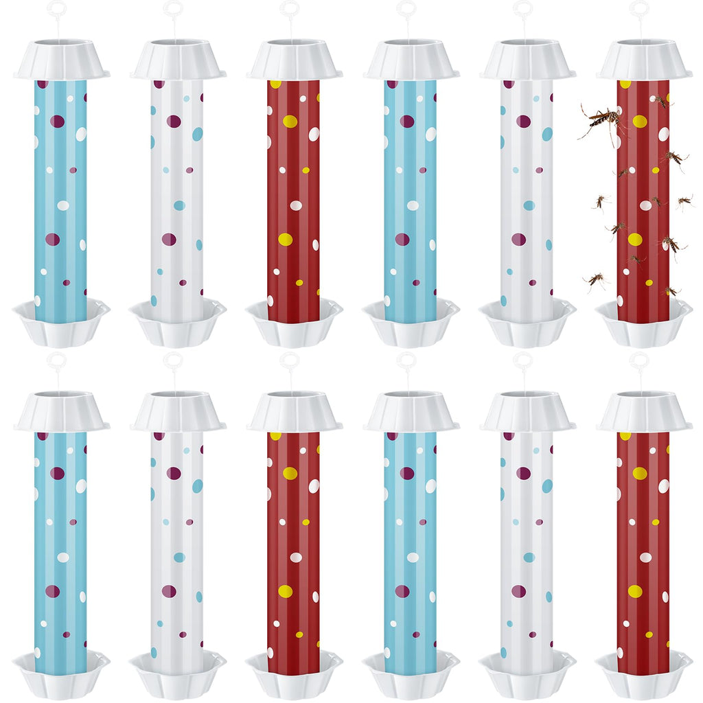 12 Pcs Sticky Fly Trap Fly Stick Indoor Outdoor Long Lasting Adhesive Fly Catcher with Hanging Hook for Wasps Gnats Bugs Insects Moths Fruit Flies Mosquitoes Spiders Fleas (White, Blue, Red)