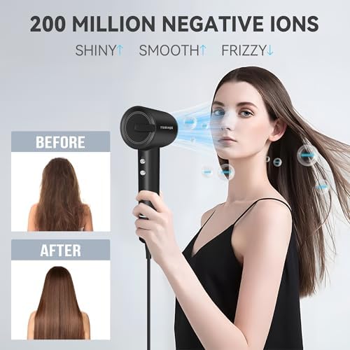 110,000 RPM Brushless Motor Hair Dryer for Fast Drying, 200 Million Negative Ions, Travel-Friendly Low Noise Design (Black, with Concentrator and Diffuser)