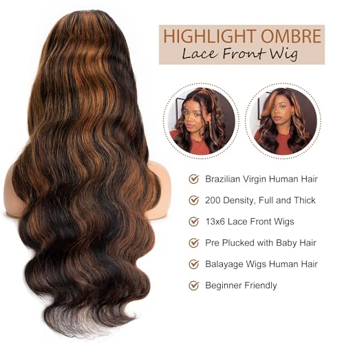 13x6 Highlight Ombre Lace Front Wig Human Hair 200 Density HD Lace Front Wigs Human Hair Pre Plucked FB/30 Body Wave Lace Frontal Wigs Human Hair Balayage Wigs for Women 22 Inch